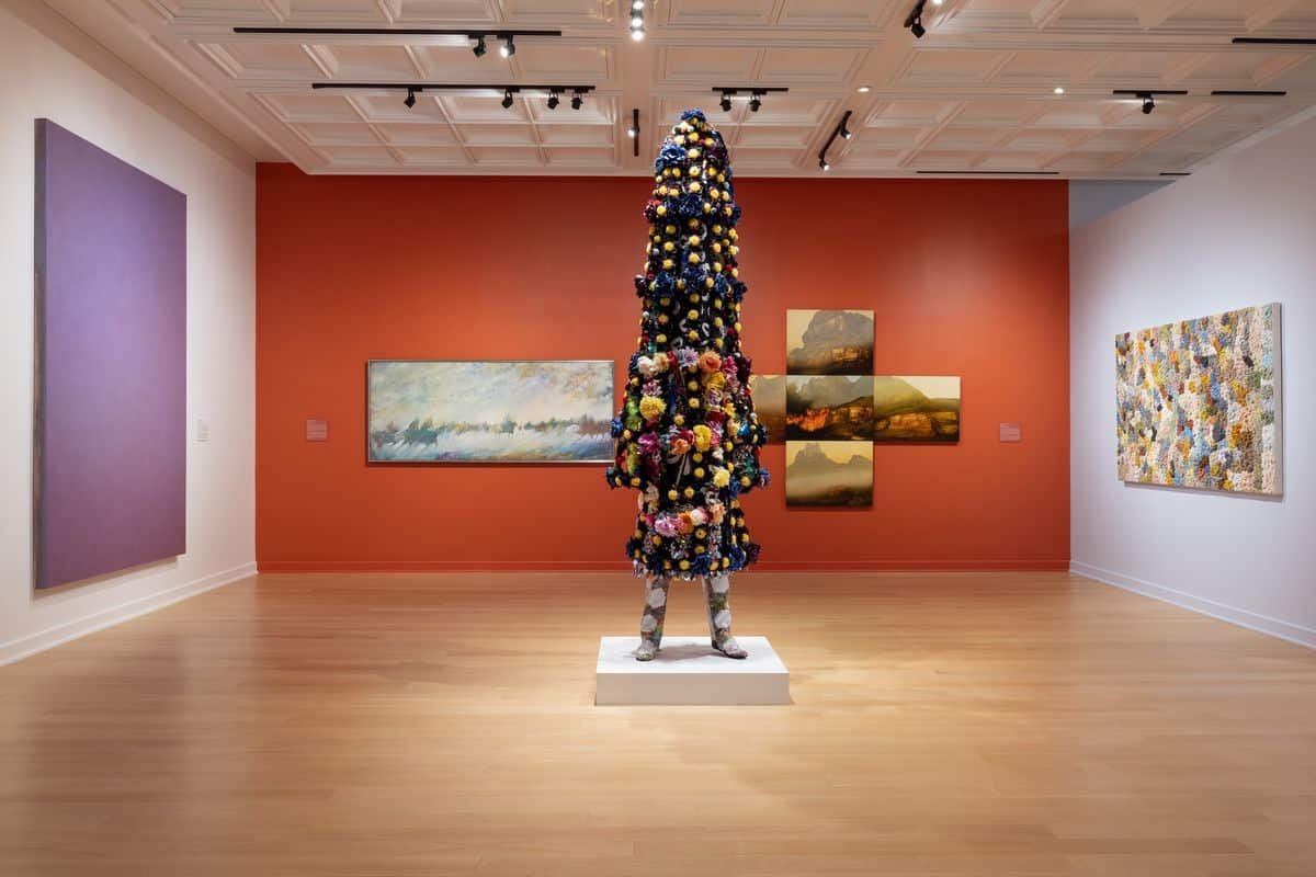 Installation View of Nick Cave, Judy Tuwaletstiwa, James Lavadour, Earl Biss, and David Simpson from In Bloom, 2023, Courtesy of Bellagio Gallery of Fine Art.